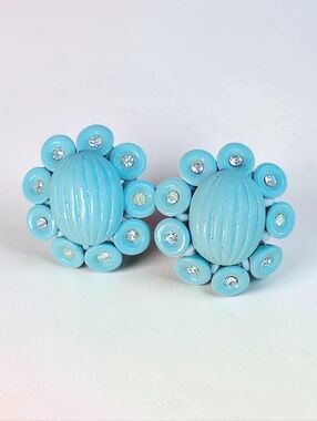 Vintage 1950s Blue Molded Glass Flower Earrings